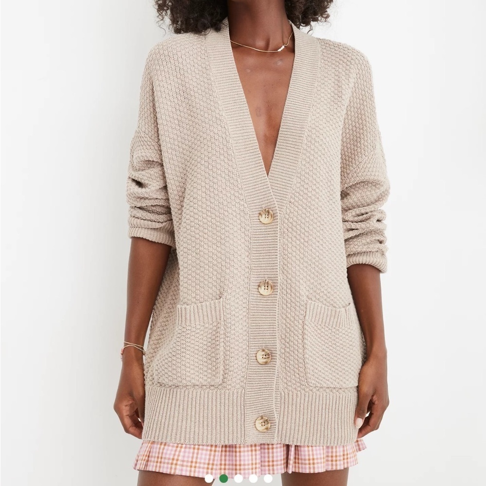 Aerie Tan Brown Chunky Knit Oversize Varsity Cardigan Button Up M - Picture 2 of 8